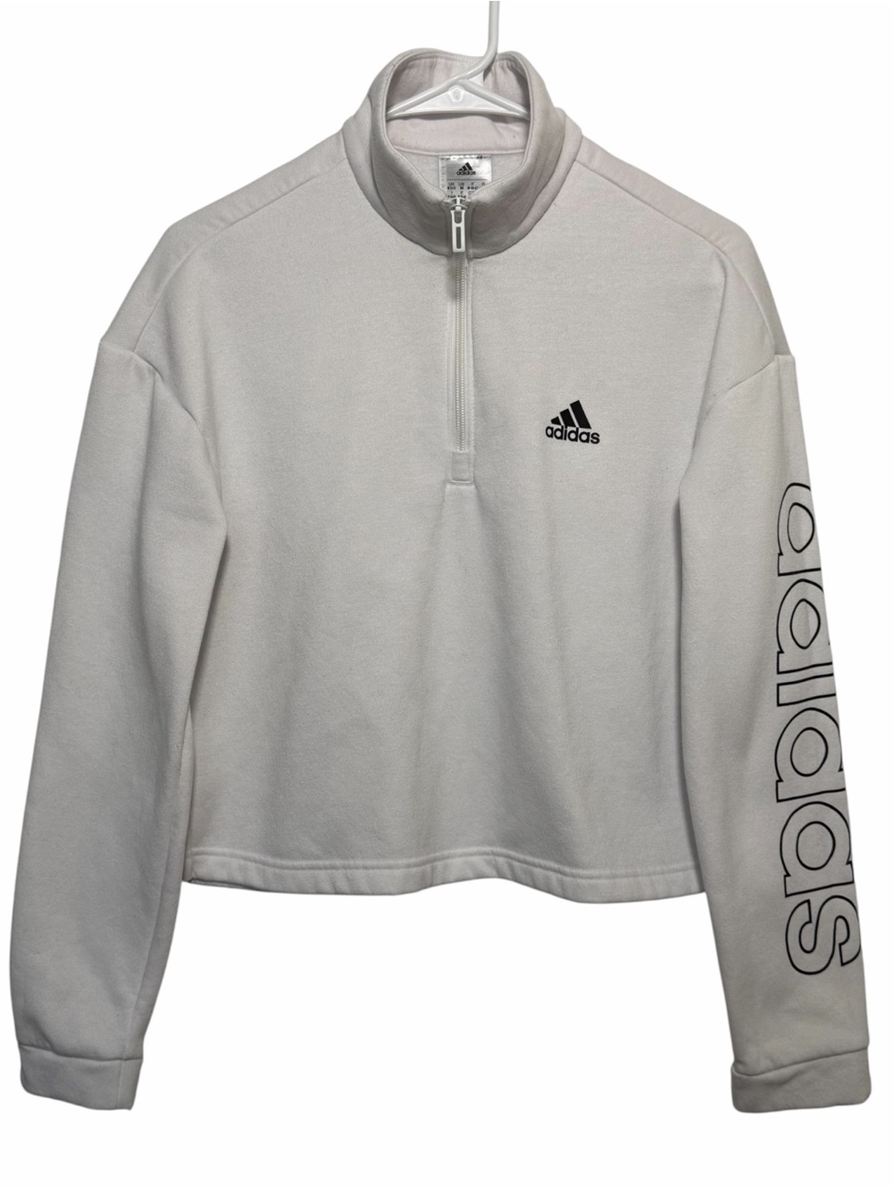 adidas Women White 1/4 Zip Fleece Cropped Long Slv Sweatshirt Logo Sz M Athletic